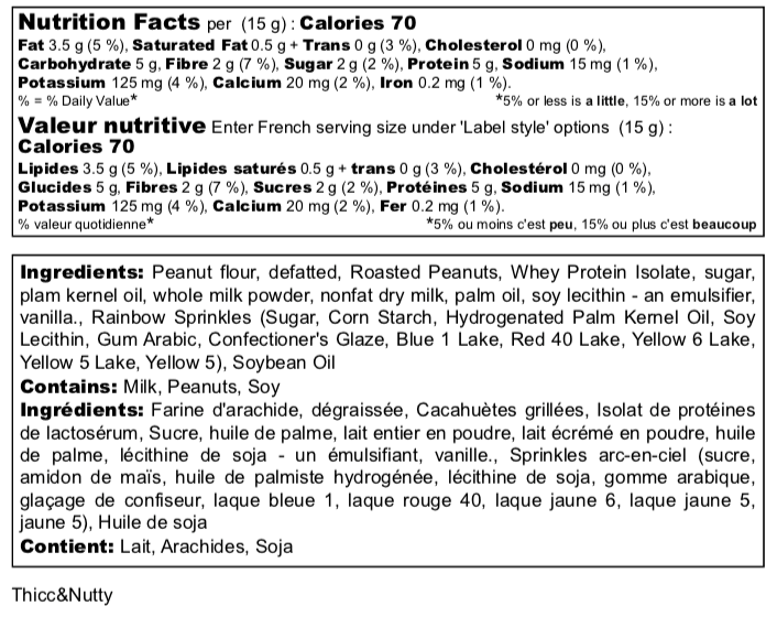 Nutrition facts and ingredients list for a product with detailed breakdowns.