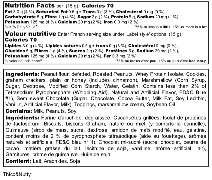 Nutrition facts and ingredients list for a product with Thicc&Nutty branding.